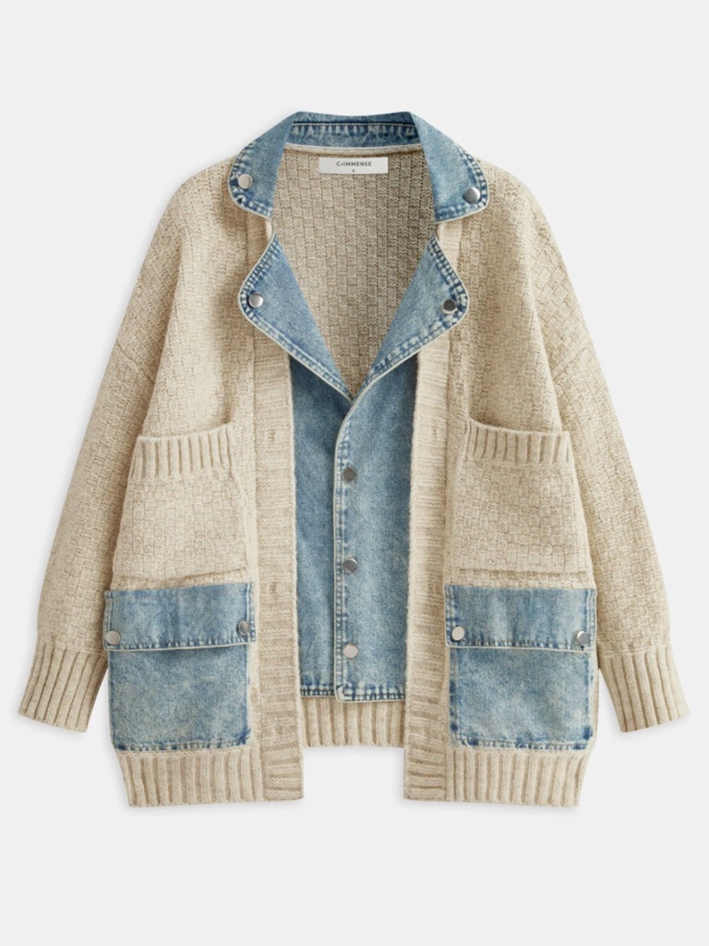 Commense Denim Panel Utility Pocket Knit Cardigan Size Large Oversized NWT